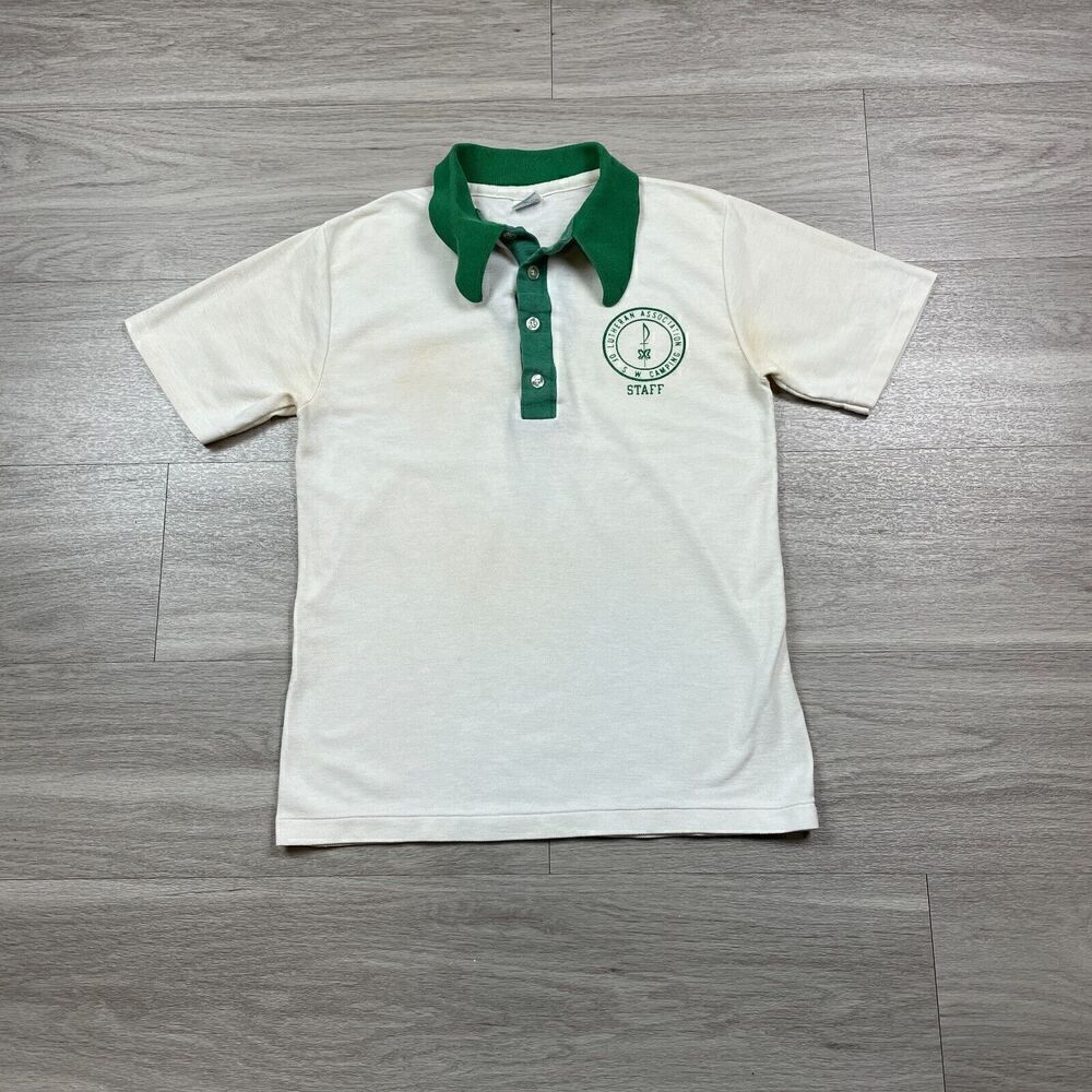 Vintage Champion Shirt Mens Small White 70s Polo Retro Staff
